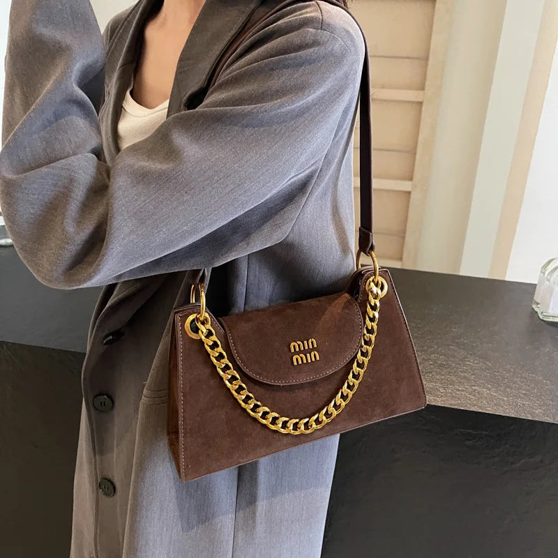 Classic Handbag Letter Design Shoulder Bag with Metallic Chain | Square Bag, Women's Suede Messenger & Winter Wedding Bag Luxegan