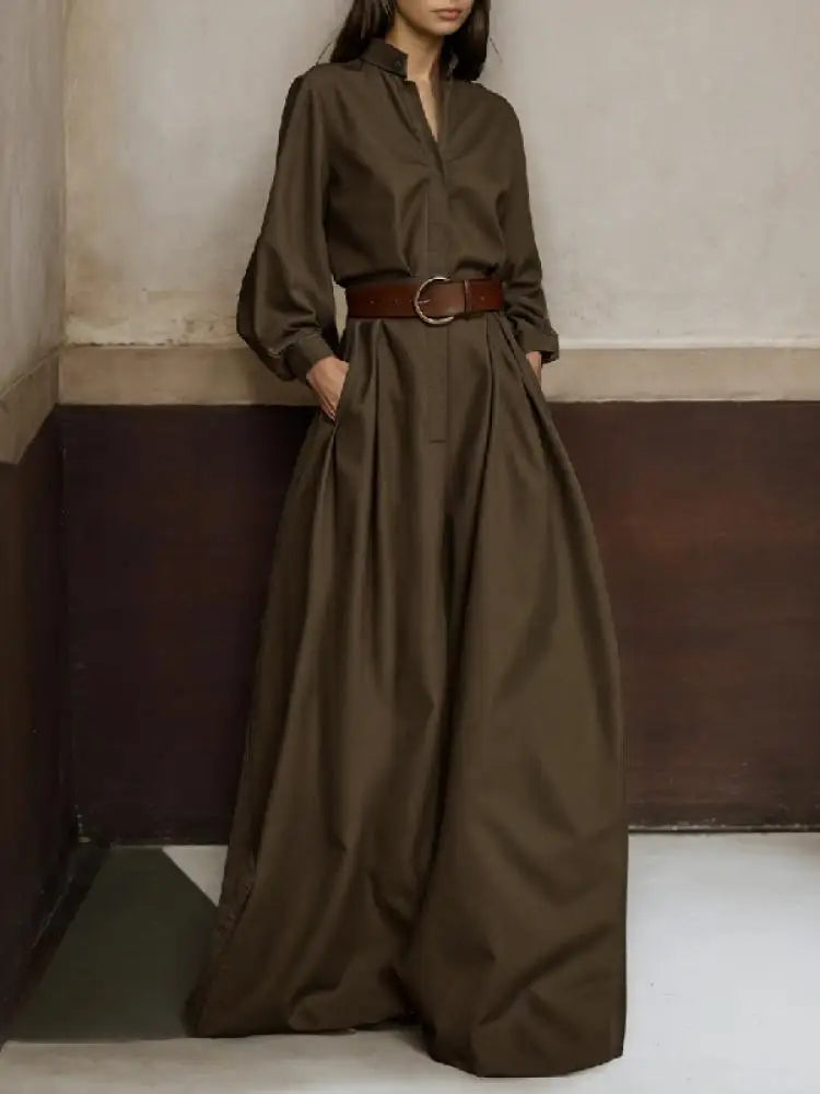Solid Color Stand Collar Urban Coverall | Sophisticated High Waist Loose Fit Silhouette | Elegant "Full