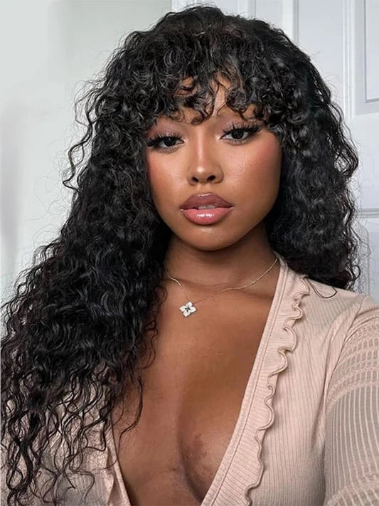 Long Water Wave Human Hair Wig with Bangs | Fully Machine-Made Glueless Malaysian Curly Style Wig | 100% Brazilian Remy Human Hair Fringe Wig for Women Luxegan