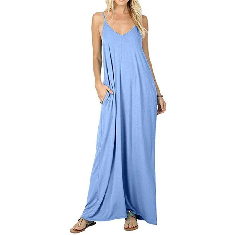 Women's New Summer Couture Line Plain Baggy Dress | Elegant V-Neck Sleeveless Tank Top Dress | Sexy Sling Spaghetti Strap Evening Gown | Premium Medium Stretch Loose Fit Straight Silhouette Floor-Length Camisole Vestido Model A2312088 Luxegan