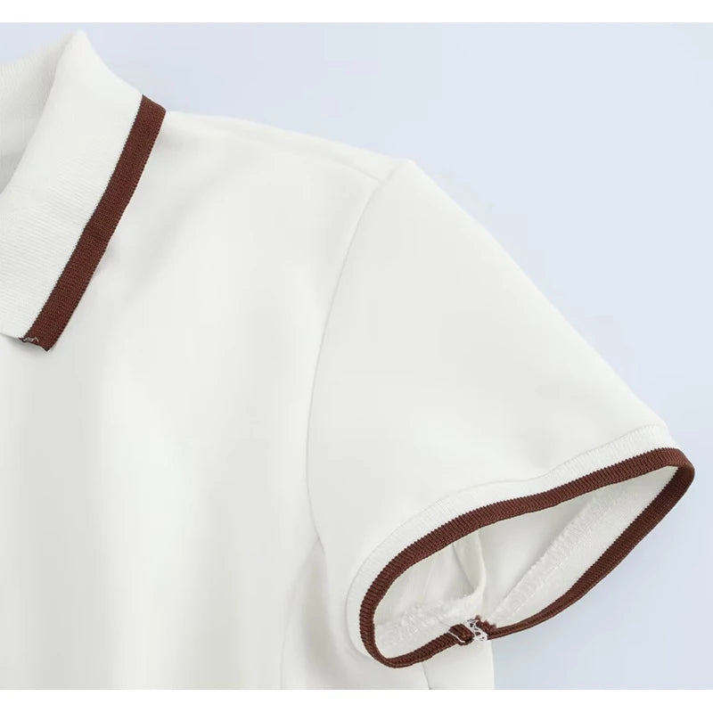Women's Preppy Style Pleated Mini Dress | Elegant Turn-Down Collar Buttoned Gown | Short Sleeve Spring Summer Uniform Dress | Premium Tatting Slight Stretch Regular Fit Sheath Vestido Luxegan