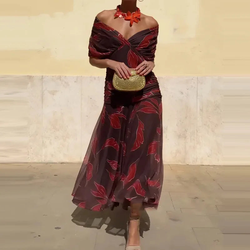 V-Neck Shawl Sleeve Pleated Maxi Dress | Floral Print Hollow Out High Waist Banquet Dress Luxegan