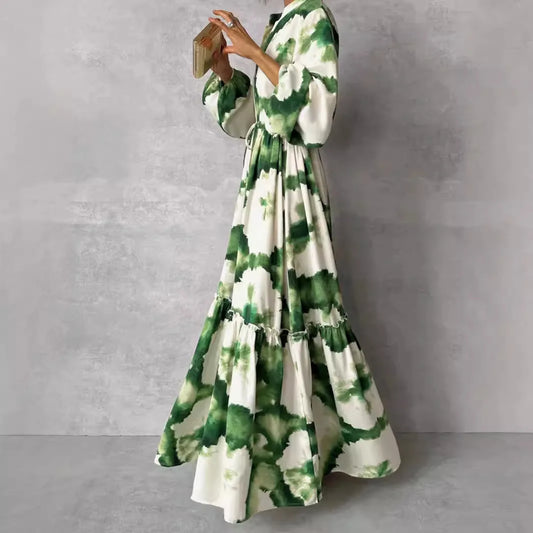 Green Print Puff Sleeve Maxi Dress – V-Neck, Lace-Up, Loose A-Line, Empire Waist Luxegan