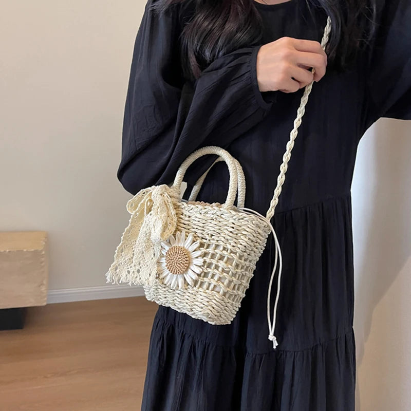New Weave Lace Bow Handbag | Dacron Square Shape Straw Weave Bag & Small Bucket Tote Luxegan