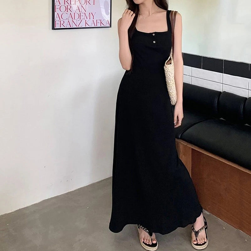 Solid Square Collar Spaghetti Strap Sleeveless Slim Fit A-Line Midi Dress – Natural Waist, Polyester Broadcloth, Summer Luxegan