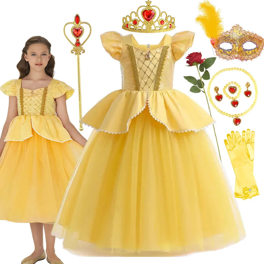 Deluxe Belle Princess Costume for Girls | Beauty and the Beast Inspired Mesh Party Dress | Elegant Square-Neck Sleeveless Mid-Calf Christmas Ball Gown with Accessories Luxegan