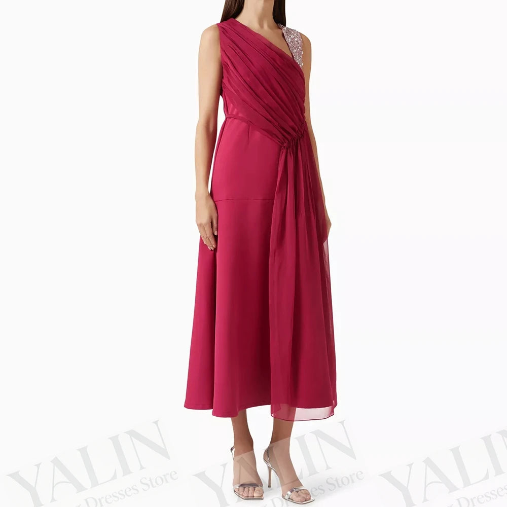 Sequined Pleat A-Line Evening Gown | V-Neck Sleeveless Tea-Length Prom Dress Luxegan