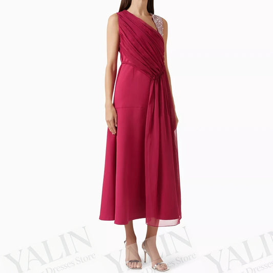 Sequined Pleat A-Line Evening Gown | V-Neck Sleeveless Tea-Length Prom Dress Luxegan