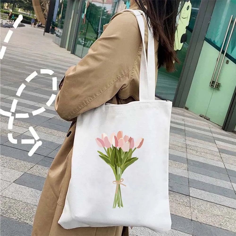 Succulove Floral Cotton Tote Bag | Large Capacity Handbag with Tulips, Hydrangeas, Sunflowers & More (Casual Shoulder Shopper, Eco-Friendly) Luxegan