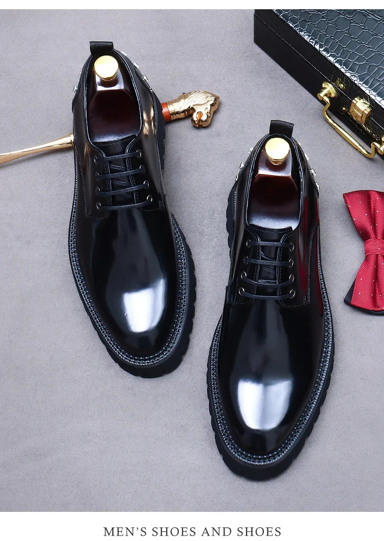 Men's New Business Dress Shoes | Sophisticated Thick-Sole Cowhide Derby Shoes | Elegant "Handmade Genuine Leather" Silhouette | "Dignified" Round Toe Wedding Shoes for Radiant Versatile Office & Career Styling Luxegan