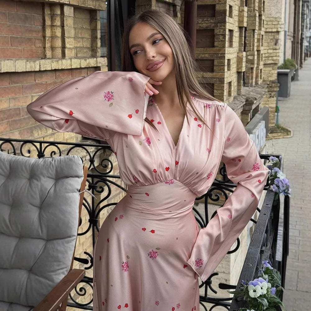 Solid Turn-Down Collar Full-Length Sleeve Slim Fit A-Line Mid-Calf Dress – Natural Waist, High Stretch, All Season Luxegan