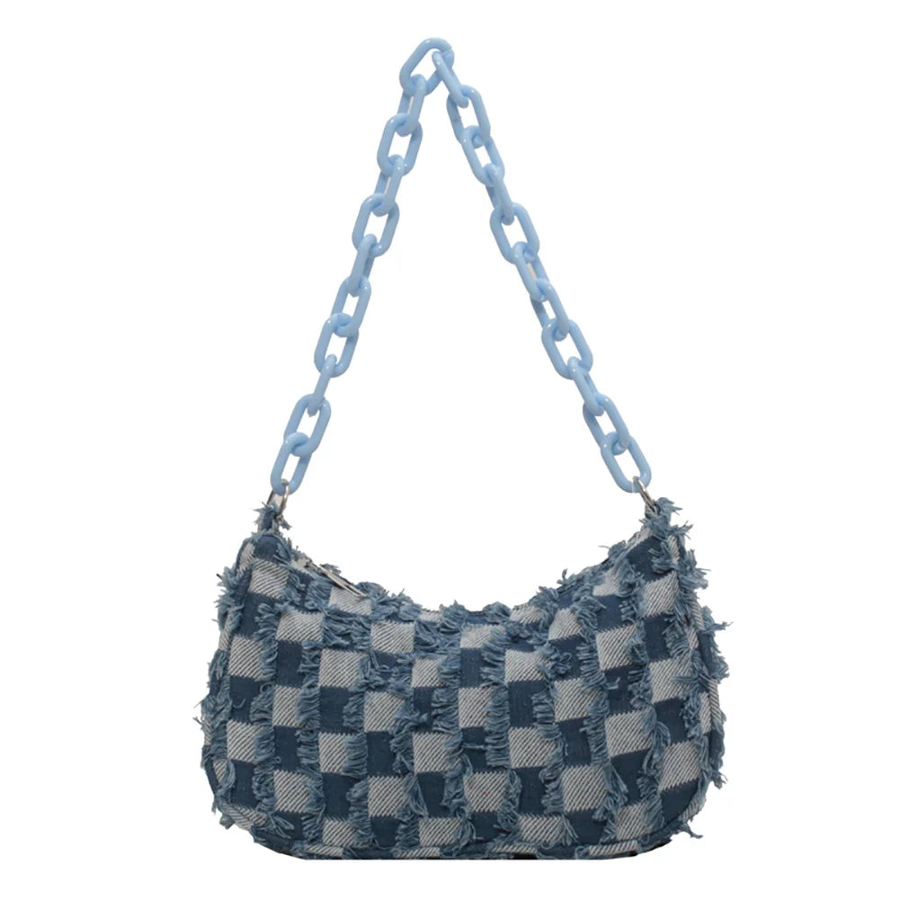 Vintage Women's Casual Shoulder & Underarm Bag | Plaid Pattern Denim Small Purse (Ladies Chain Leisure Handbag, Hobo Style) Luxegan