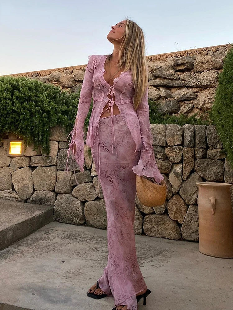 Y2K Print Mesh Long Sleeve Top & Bodycon Maxi Skirt Two-Piece Set | Sweetheart Ruffle Beach Club Outfit Luxegan