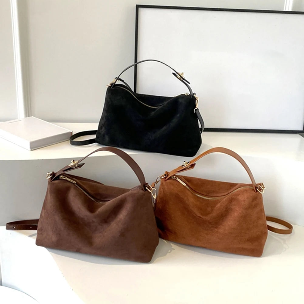 Women’s Big Boston Tote Bag | Soft Matte Faux Suede Messenger Handbag | Trendy Autumn/Winter Shoulder & Crossbody Bag | Large Capacity Satchel in Grey and Brown Luxegan