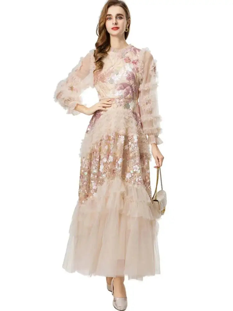 Solid Round Neck Bead Detail Regular Fit A-Line Ankle-Length Dress – Empire Waist, All Season Luxegan