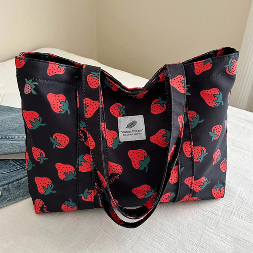 Cute Cherry & Strawberry Print Casual Tote | Sophisticated Large Capacity Nylon Shopping Bag | Elegant Aesthetic Fruit Pattern Handbag | Fashion-Forward Grocery Bag for Women with "Dignified" Soft Finish Luxegan