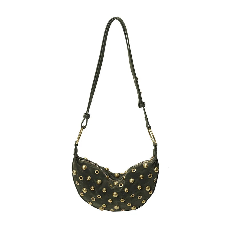 Women's Suede Rivet Designer Crossbody Bag | Premium Faux Suede Shoulder Hobo Purse | Minimalist Solid Color Handbag with Open Pocket | Versatile Four-Seasons Travel Pack Model 20250718HM017 Luxegan