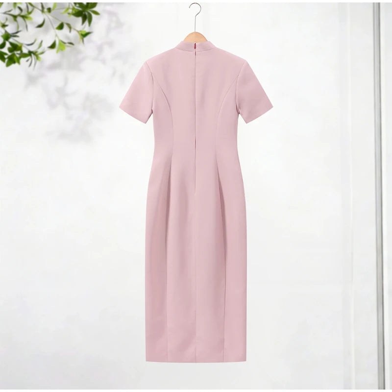 Elegant Solid Buttons Long Dress Women Waist Cinched Shoulder Pads High Collar Slit Dresses 2026 Spring Summer Lady Party Robes