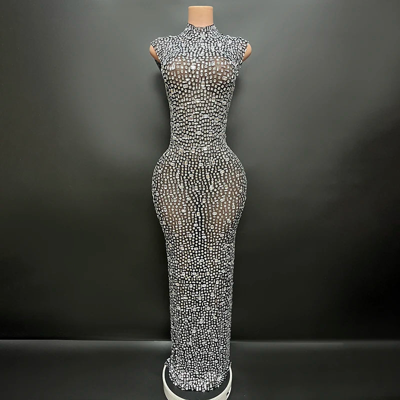 Luxurious Rhinestone Celebration Party Dress | Sparkling Couture Baby Shower Gown | One-Shoulder Turtleneck Medium-Stretch Sheath Dress Luxegan