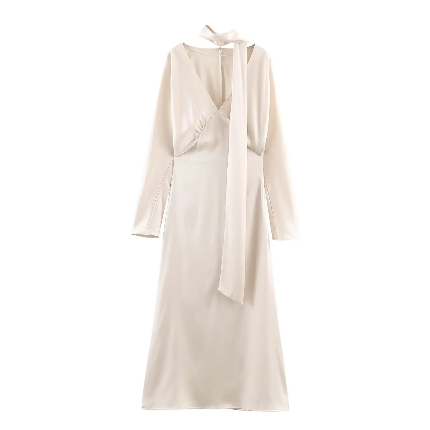 Satin V-Neck Midi Dress with Scarf | Long Sleeve A-Line Chic Elegant Casual Dress Luxegan