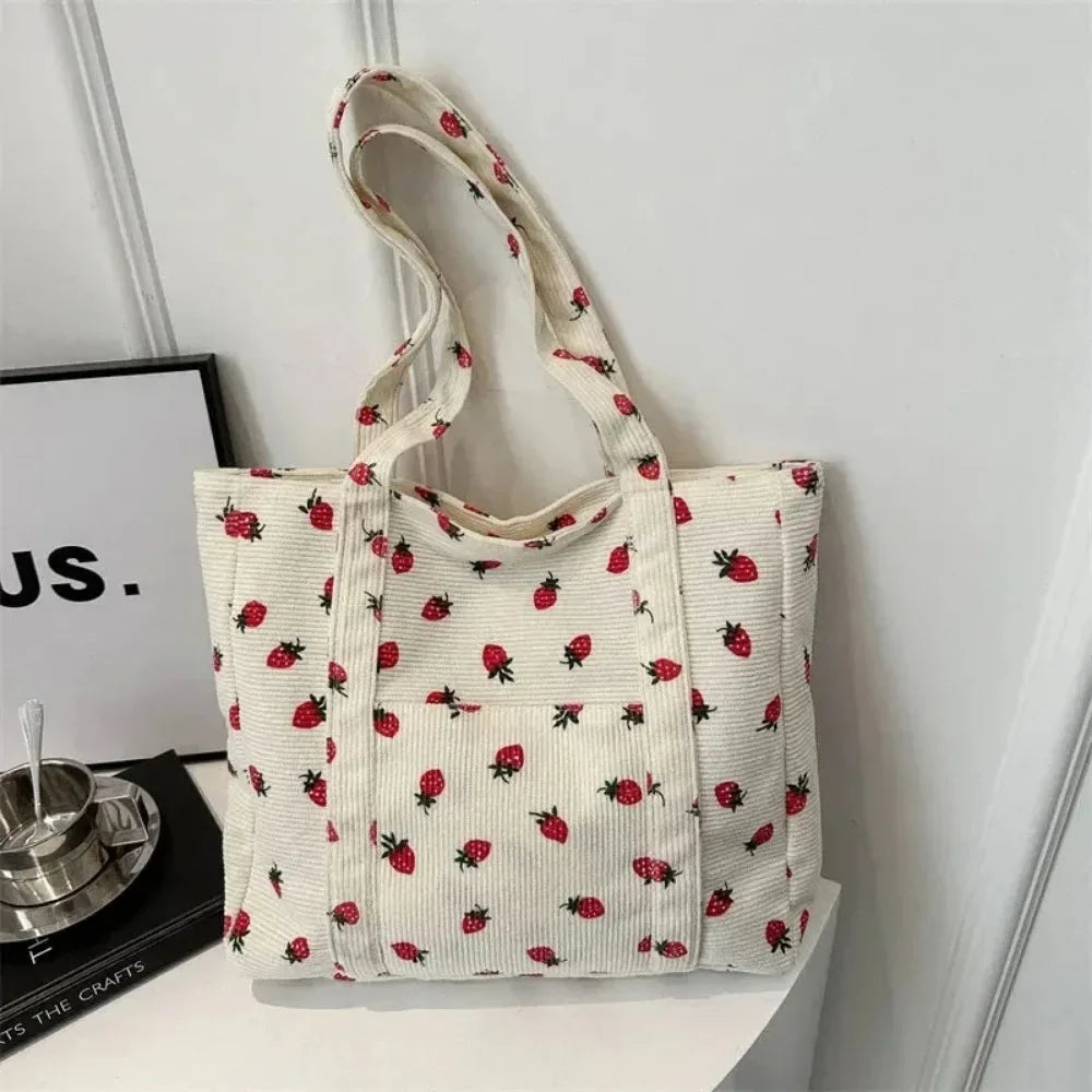 Canvas Bucket Bag | Soft Strawberry Corduroy Large Capacity Commuter Tote Luxegan