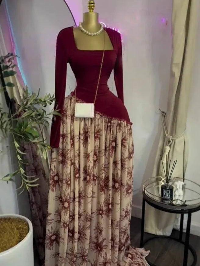 Print Pleated Maxi Dress with Sash | Square Neck Long Sleeve Elegant Party Evening Dress Luxegan