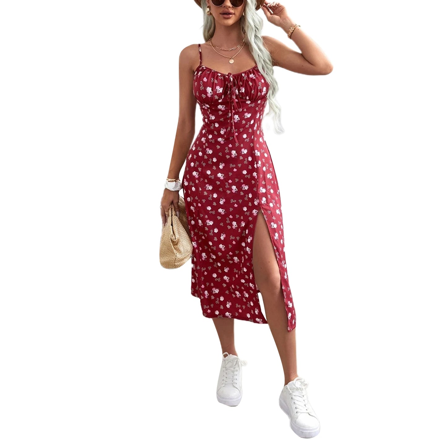 Women's Summer Trend Floral Dress | Elegant Flower Print Spaghetti Strap Maxi Dress | Premium Sleeveless High Slit Ladies Vestido | Trendy V-Neck High-Waist Flowy Special Occasion Summer Gown Luxegan