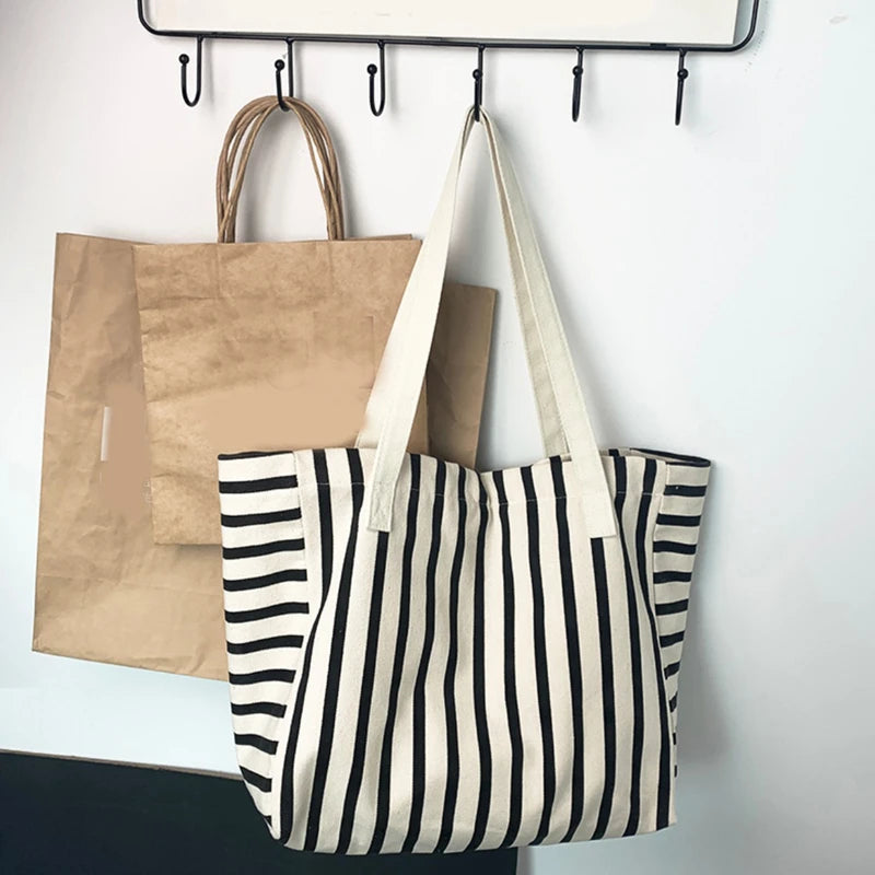 Fashionable Canvas Beach Tote | Large Capacity Striped Shoulder Bag Luxegan