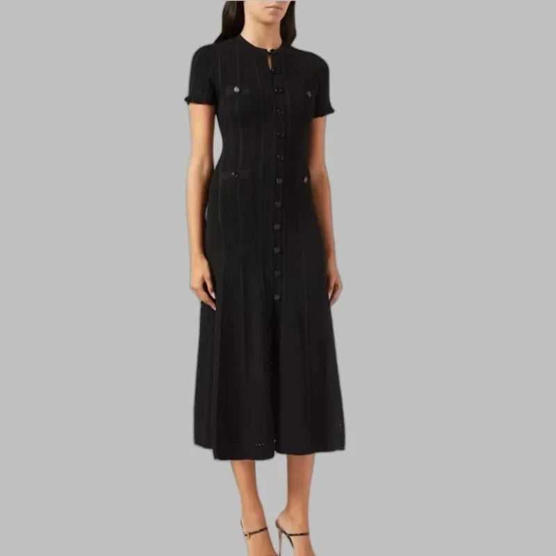 French Style Knitted Long Dress round Neck Hollow out Wooden Edge Skirt Elegant Autumn Luxury Women's Fashion One Piece Dress