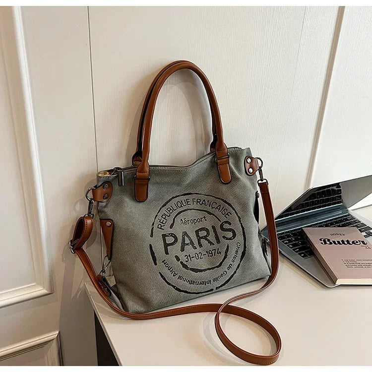Large Women Stylish Crossbody Bag | Retro Canvas Tote Bag & Vintage Paris Stamp Print Luxegan