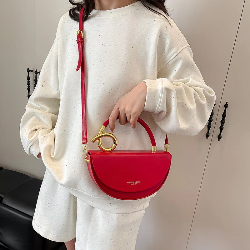 Designer Semicircle Saddle Crossbody | Small Hard PU Leather Handbag Luxegan