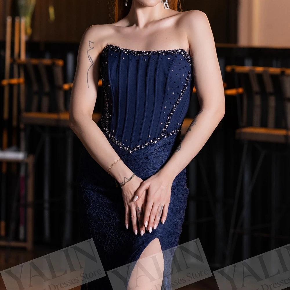 Crystal Beading Lace A-Line Evening Gown | Strapless Sleeveless Floor-Length Prom Dress