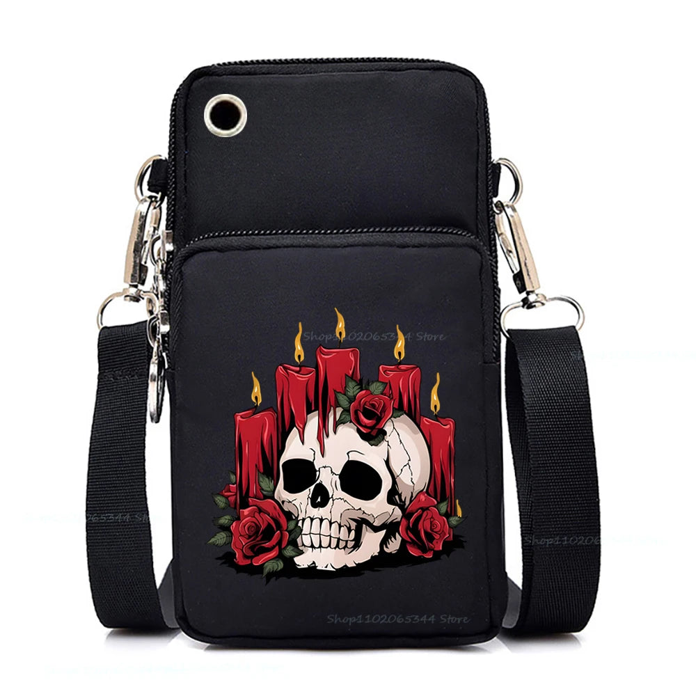 "Dead Inside But Love Cats" Shoulder Bag | Sophisticated Funny Vintage Skeleton Purse | Elegant Cartoon-Print Mobile Phone Bag | "Dignified" Soft Nylon Mini-Handbag for Versatile Casual Styling Luxegan