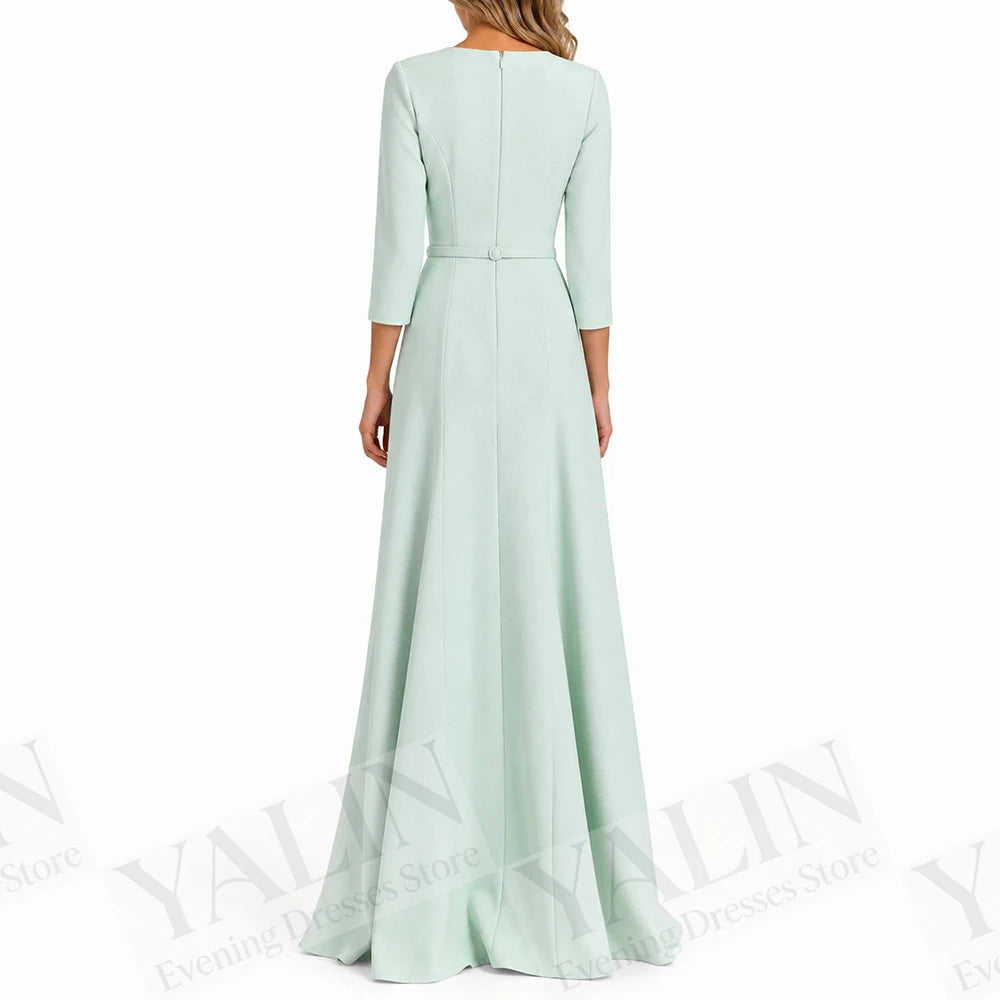 Draped A-Line Prom Gown | Boat Neck Three-Quarter Sleeve Floor-Length Evening Dress Luxegan