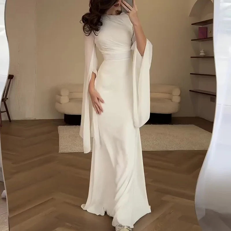 Solid Round Neck Batwing Sleeve Folded Detail Slim Fit A-Line Ankle-Length Dress – Autumn Luxegan