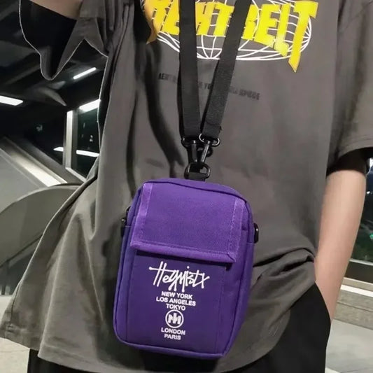 Unisex Casual Mobile Phone Messenger Bag | Sophisticated Oxford Canvas Hip-Hop Pouch | Fashion-Forward Letter Print Crossbody | Compact Square Handbag with Key Chain Holder Luxegan