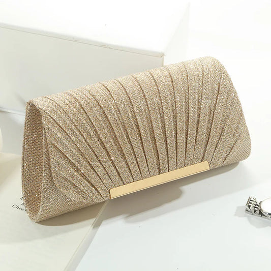 Metal Luxury Women Evening Bags | Ruched Design Sequined Small Envelope Shaped Box Party Wedding Event Handbags Purse Luxegan