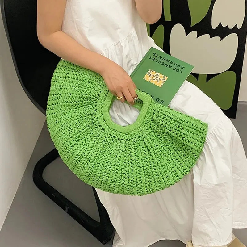 Summer Half-Moon Straw Beach Handbag | Sophisticated Handmade Rattan Handle Tote | Elegant Knitted Bohemian Shoulder Bag | Luxury Fashion-Forward Vacation Purse with "Dignified" Artisan Texture Luxegan