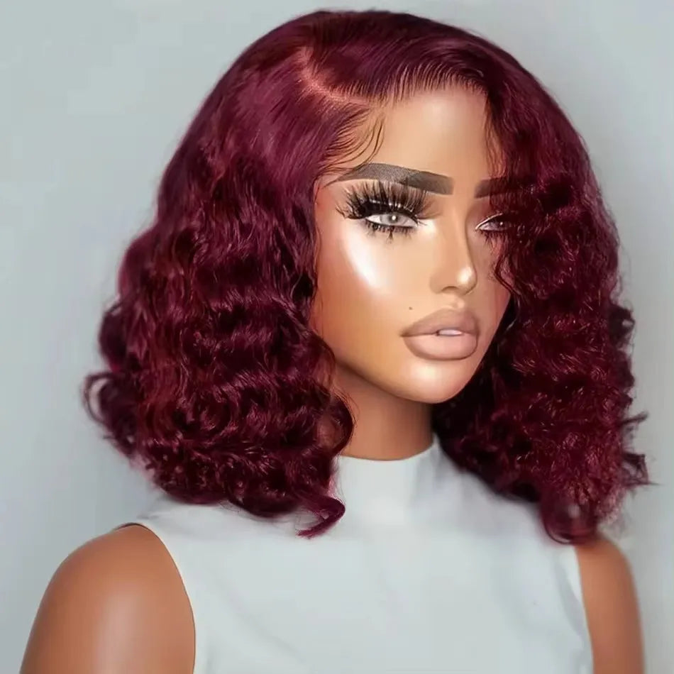 Burgundy 99J Deep Wave Short Bob Wig - 13x4 Transparent Lace Frontal Human Hair Wig - 200% Density Red Colored Water Wave Remy Human Hair Wig for Women (4-16 Inch) Luxegan