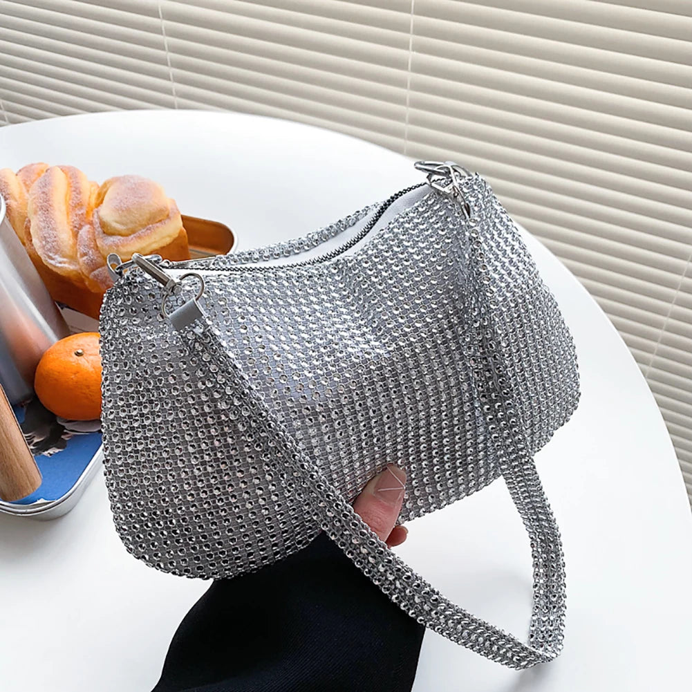 Bling Rhinestone Evening Clutch Bag | Women's Korean Designer Diamond Chain Dinner Party Handbag (Lady Square Tote Shoulder Bag) Luxegan