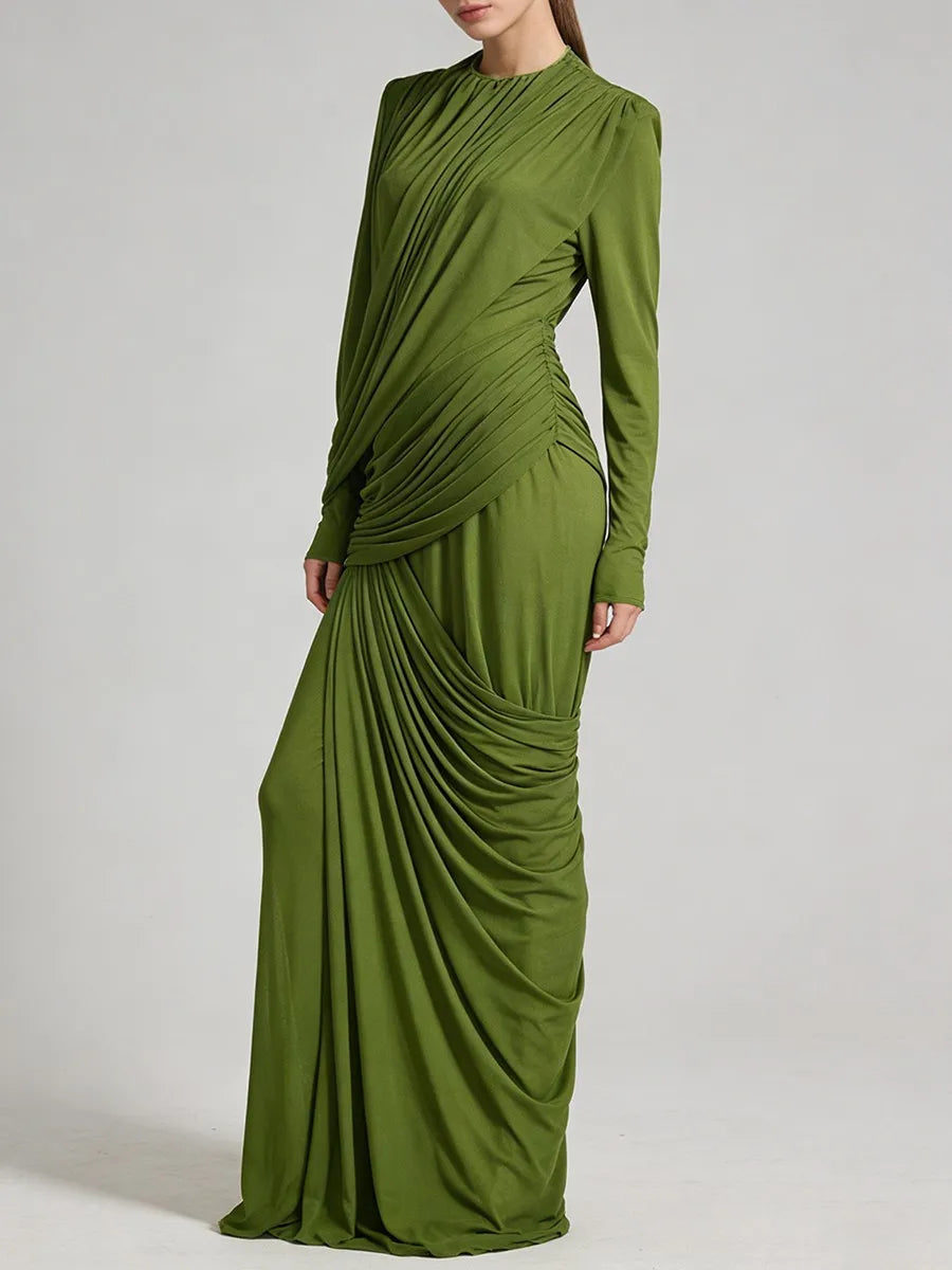 Shirring Spliced Irregular Hem Maxi Dress | Stand Neck Long Sleeve Slim Sheath Dress Luxegan