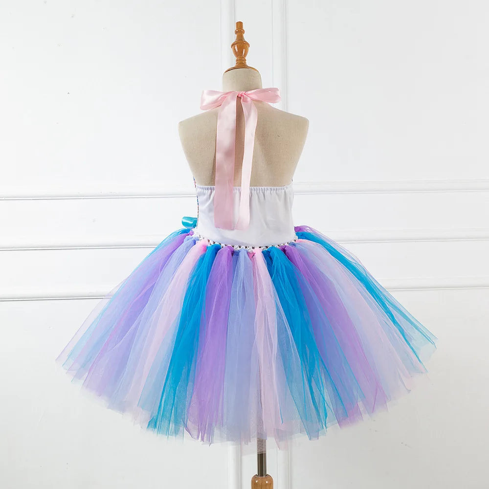 Kids Girls Cosplay Party Dress Princess Dress Up Mermaid Tulle Tutu Dresses Theme Birthday Party Costume with Flower Headband