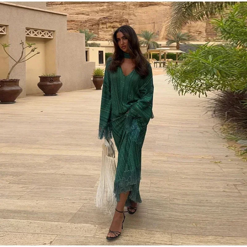Striped V-Neck Long Sleeve Tassel Hem Loose Fit Ankle-Length Dress – Natural Waist, Autumn/Winter Luxegan