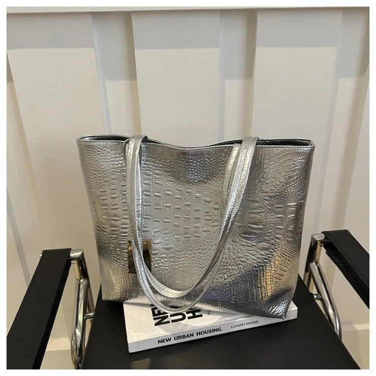 PU Leather Crocodile Casual Tote | Soft Silver/Gold/Black Big Shoulder Bag Sac Luxegan