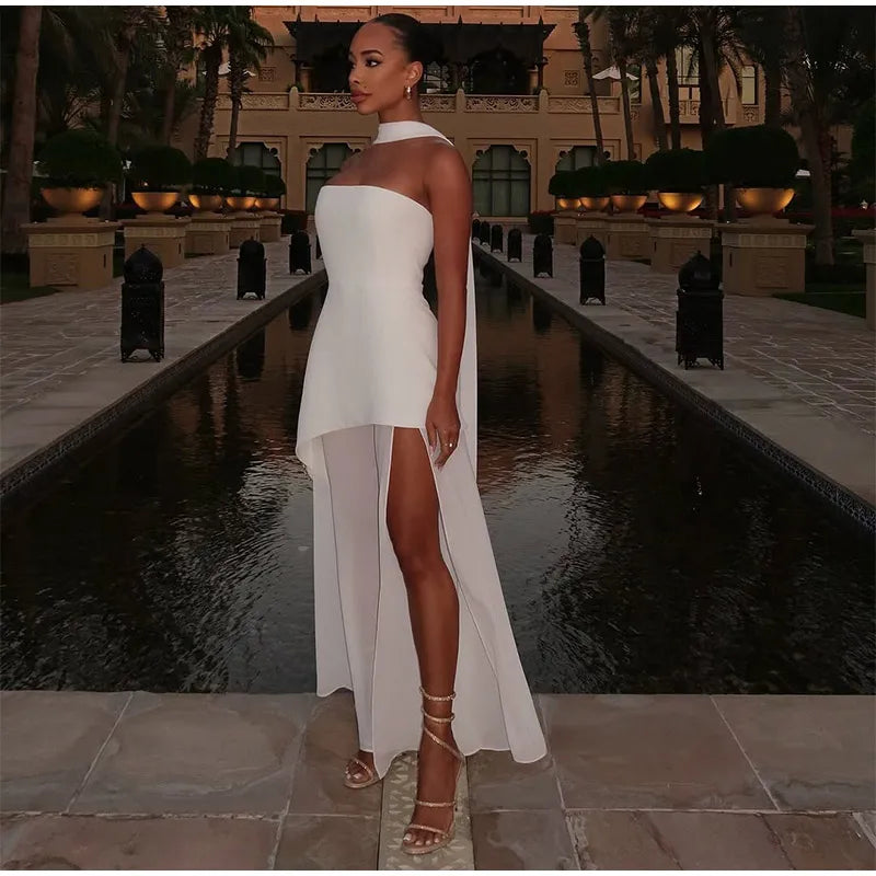 Elegant White Mesh Splicing Slim Women Strapless Dress Chic Scarf Neck Off Shoulder High Waist Long Dresses Lady Party Robes