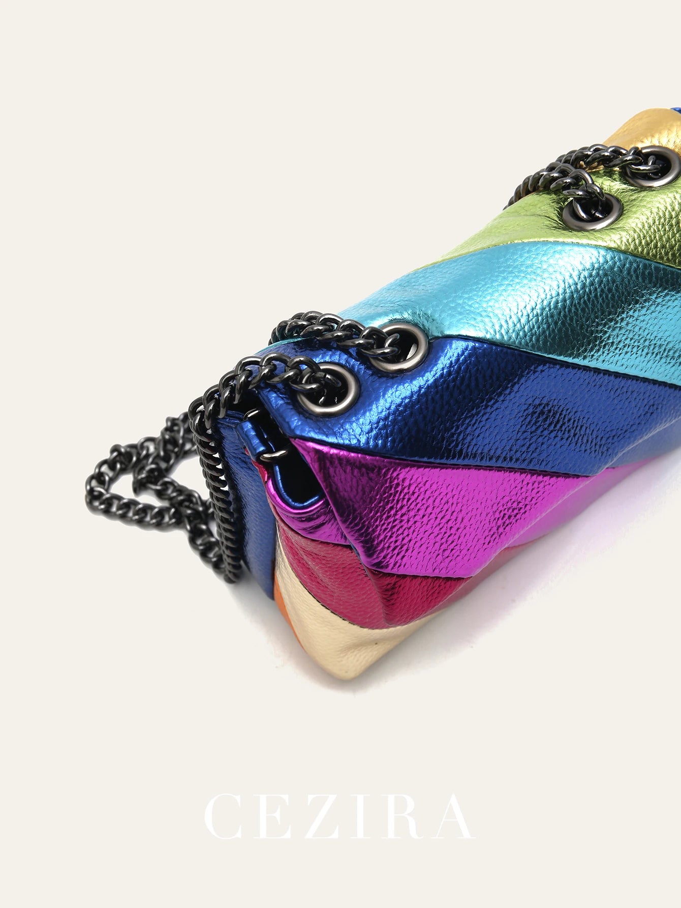 Women’s Funky Metallic Mini Shoulder Bag | Colorful Stripe Patchwork PU Leather Handbag | Fashion Flap Crossbody with Metal Chain Detail (Model CRP-2311437) Luxegan
