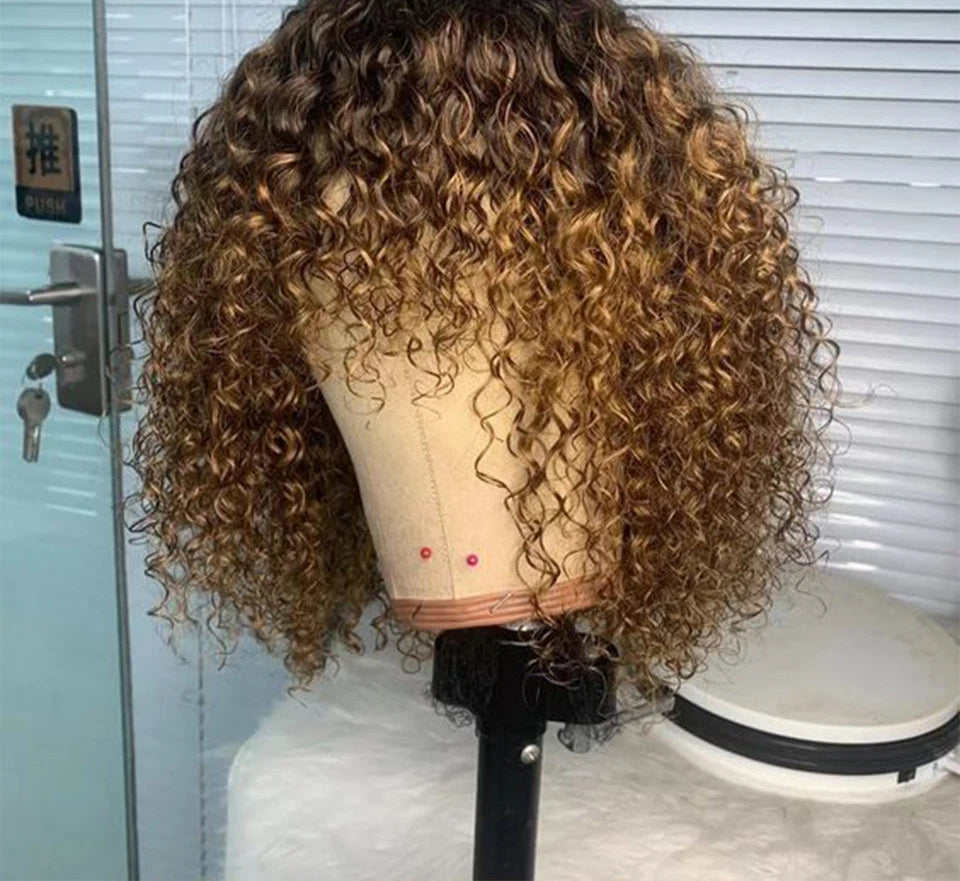 Brazilian Jerry Curly Human Hair Bob Wig with Bangs | Natural Highlight Honey Water Wave Kinky Curly Wigs for Women Luxegan