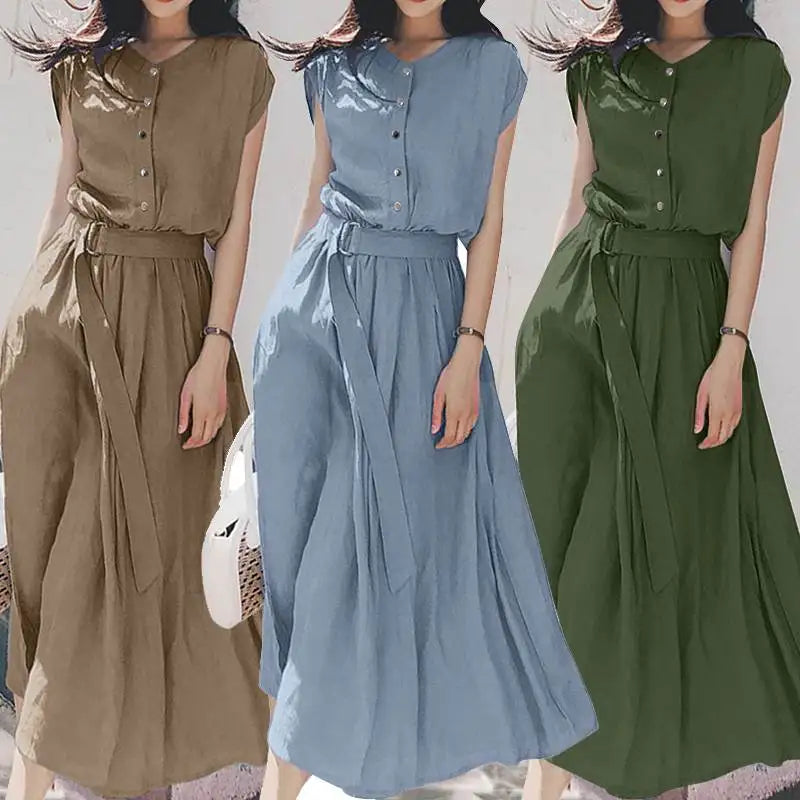 Women's Elegant Solid Short Sleeve Midi Dress | Casual Summer Party A-Line Sundress | Vintage O-Neck Pullover Dress with Sashes | Premium Jersey Regular Fit Vestido Luxegan