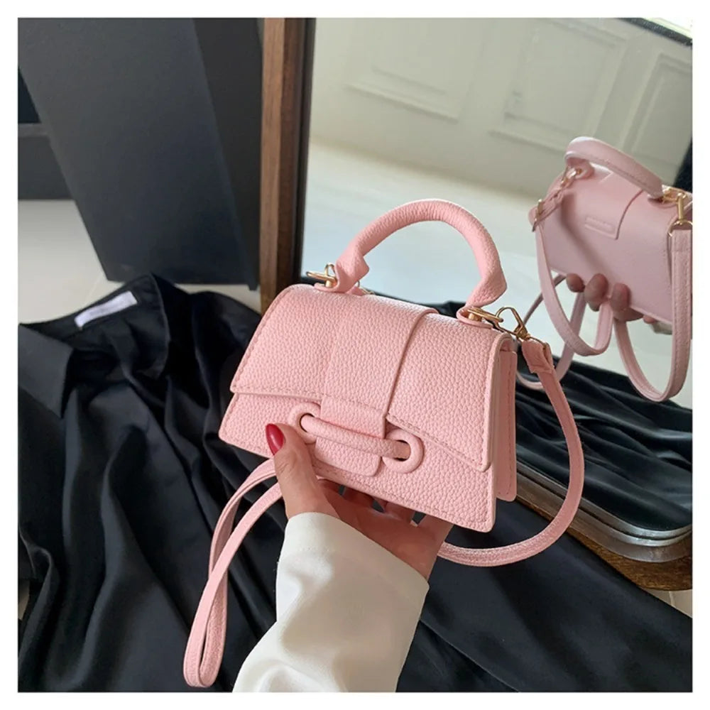 High Quality Fashion PU Leather Bag | Solid Color Shoulder Crossbody Bag & Cute Buckle Square Bag (Hand Carry Small Messenger Bag) Luxegan
