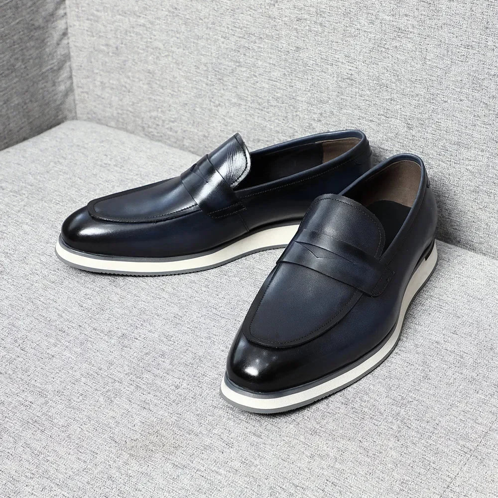 Classy Men's Genuine Cow Leather Penny Loafers | Blue & Black Casual Business Flats (Breathable) Luxegan